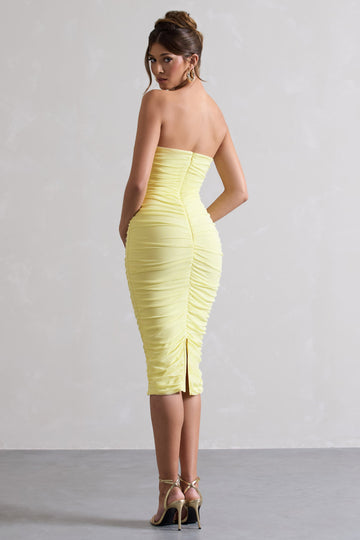 My Girl Lemon Strapless Bodycon Ruched Mesh Midi Dress